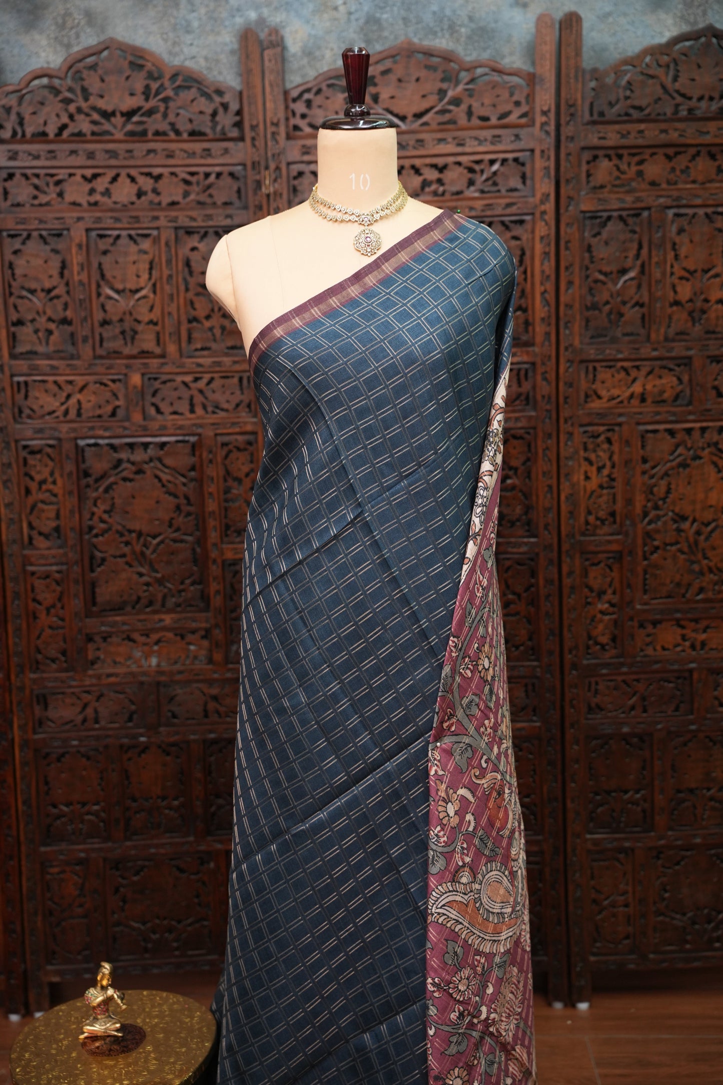 Semi Tussar Raw Silk Saree with Checkered Body & Kalamkari Printed Pallu and Blouse – Deep Teal Blue & Wine