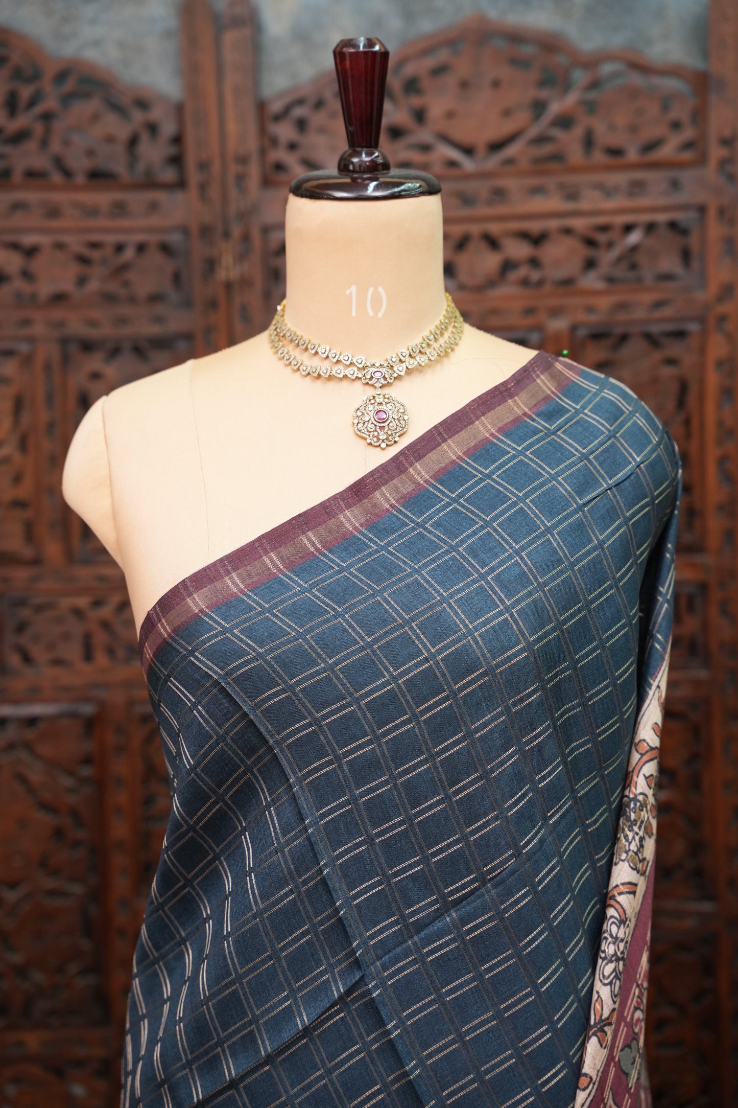 Semi Tussar Raw Silk Saree with Checkered Body & Kalamkari Printed Pallu and Blouse – Deep Teal Blue & Wine