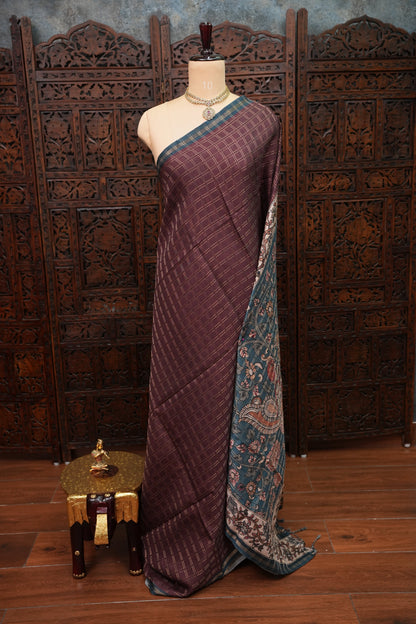 Semi Tussar Raw Silk Saree with Checkered Body & Kalamkari Printed Pallu and Blouse – Brown & Teal Blue