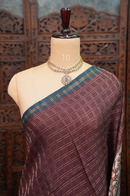 Semi Tussar Raw Silk Saree with Checkered Body & Kalamkari Printed Pallu and Blouse – Brown & Teal Blue