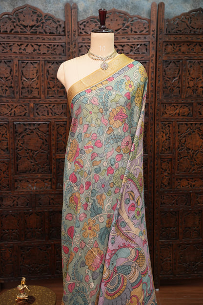 Linen Tussar Saree with Kalamkari Digital Print – Steel Grey Kalamkari Theme