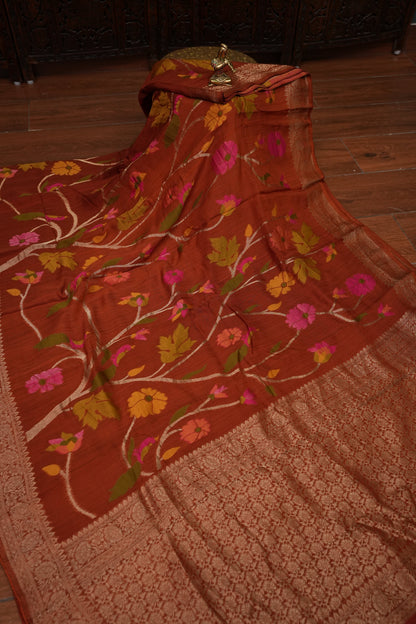 Soft Matka Banarasi Saree with Needle Design Work – Rust Orange
