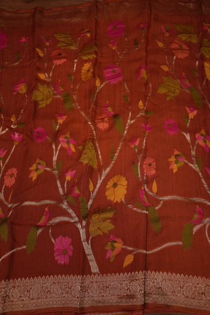 Soft Matka Banarasi Saree with Needle Design Work – Rust Orange