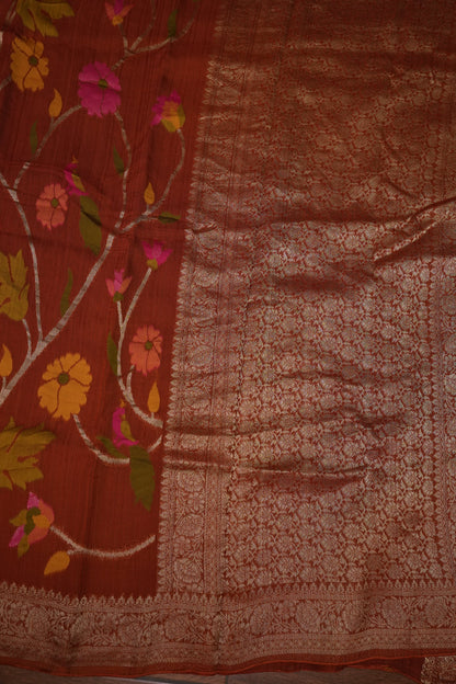 Soft Matka Banarasi Saree with Needle Design Work – Rust Orange