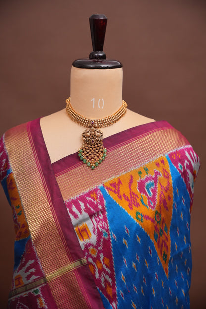 Pure Ikkat Soft Silk Saree - Wine & Blue
