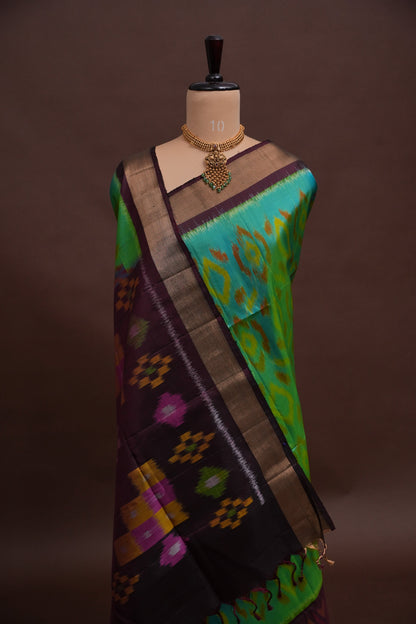 Pure Ikkat Soft Silk Saree - Coffee & Teal