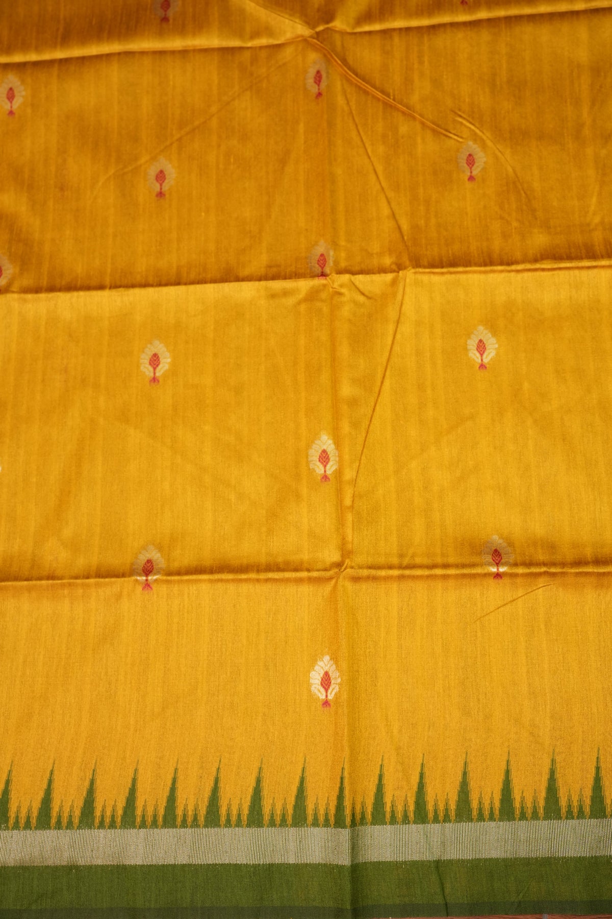 Semi Raw Silk Saree with Temple Border & Tissue Pallu – Mustard Yellow & Olive Green