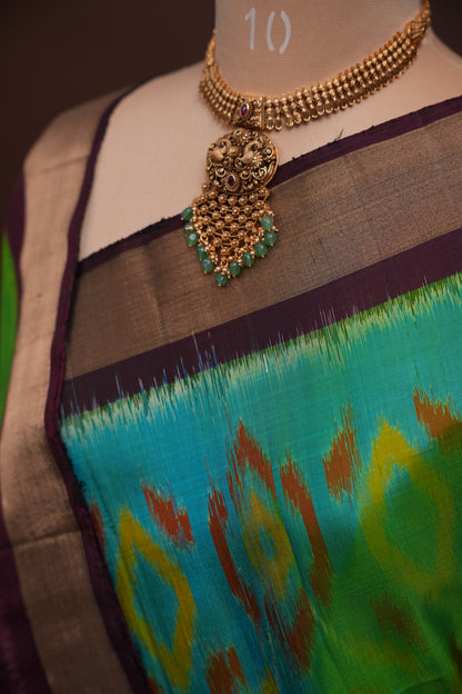 Pure Ikkat Soft Silk Saree - Coffee & Teal