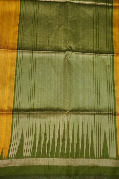 Semi Raw Silk Saree with Temple Border & Tissue Pallu – Mustard Yellow & Olive Green