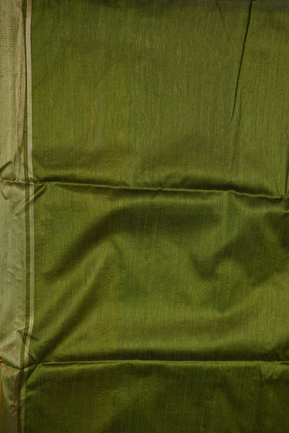 Semi Raw Silk Saree with Temple Border & Tissue Pallu – Mustard Yellow & Olive Green