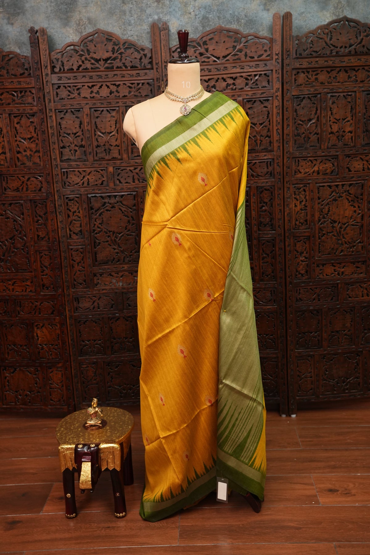 Semi Raw Silk Saree with Temple Border & Tissue Pallu – Mustard Yellow & Olive Green