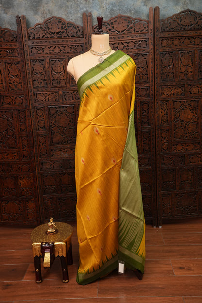 Semi Raw Silk Saree with Temple Border & Tissue Pallu – Mustard Yellow & Olive Green