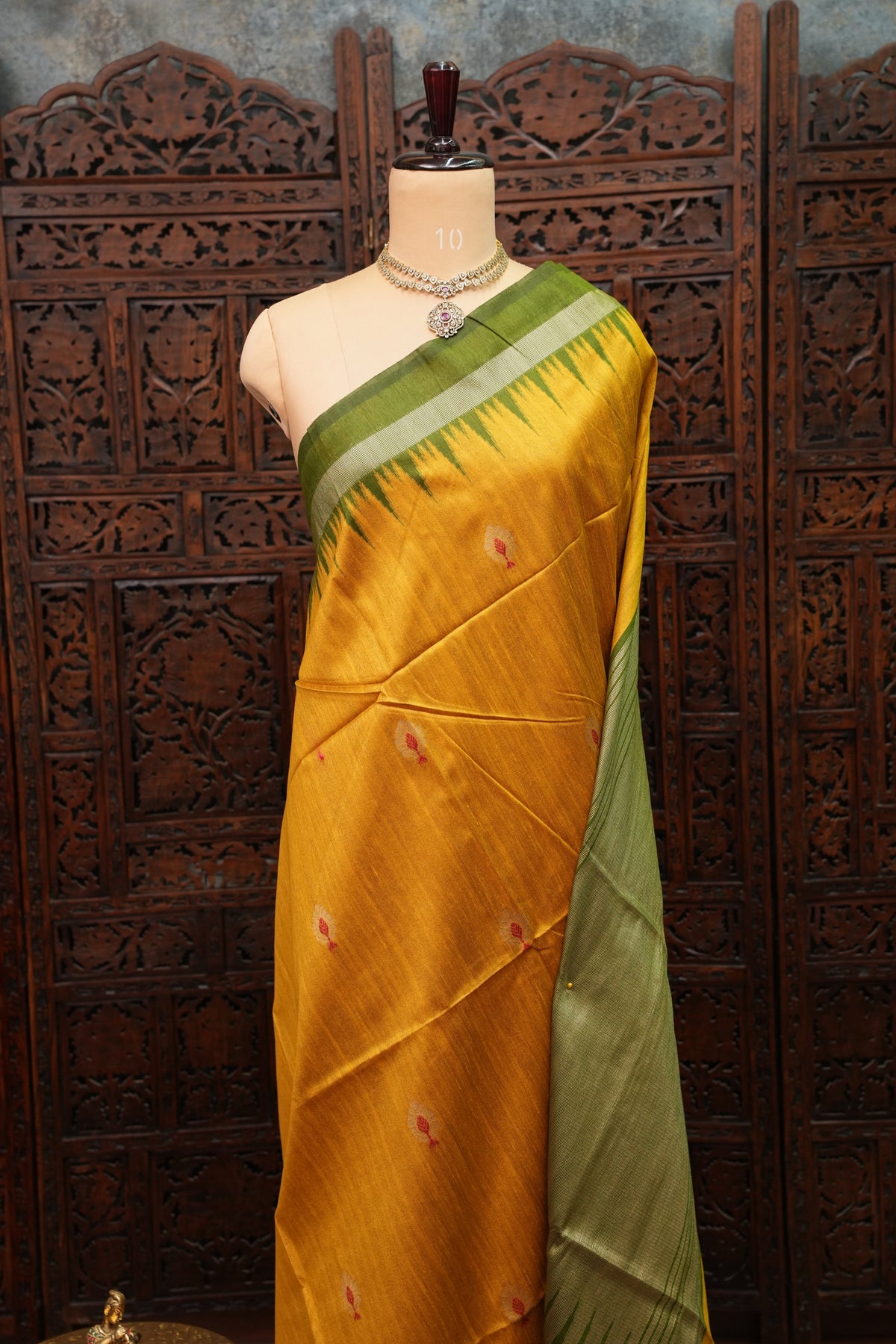 Semi Raw Silk Saree with Temple Border & Tissue Pallu – Mustard Yellow & Olive Green