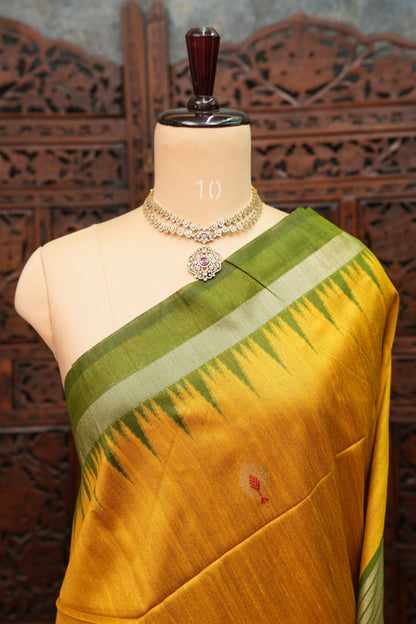 Semi Raw Silk Saree with Temple Border & Tissue Pallu – Mustard Yellow & Olive Green