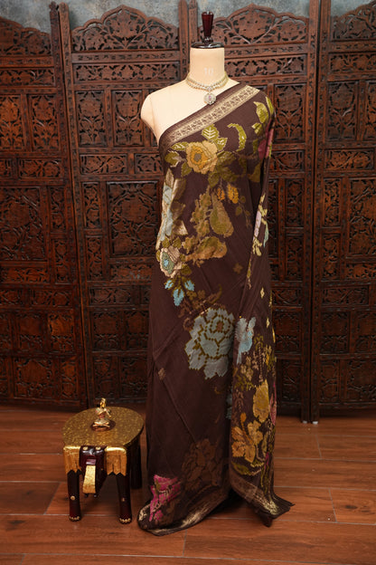 Soft Matka Banarasi Saree with Needle Design Work – Coffee Brown