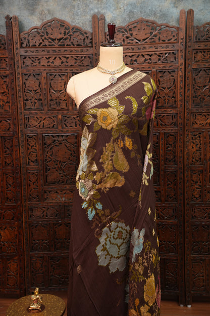 Soft Matka Banarasi Saree with Needle Design Work – Coffee Brown