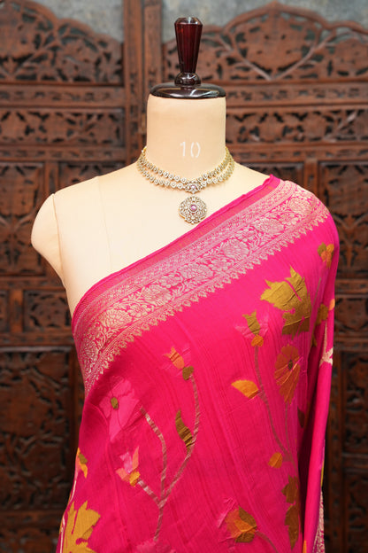 Soft Matka Banarasi Saree with Needle design work | Pink