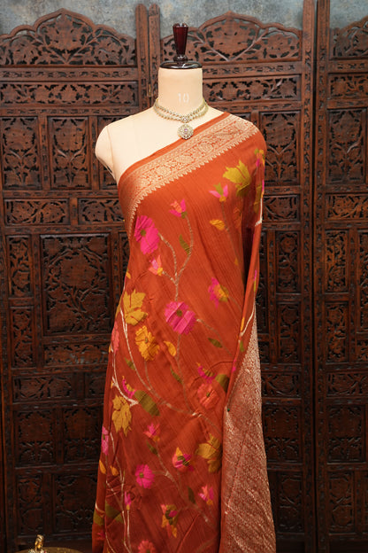 Soft Matka Banarasi Saree with Needle Design Work – Rust Orange