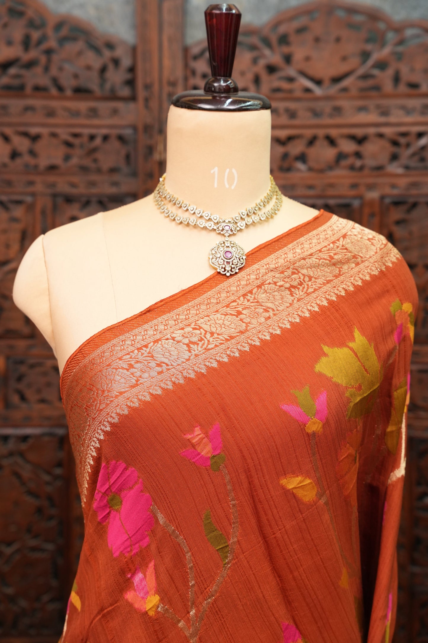Soft Matka Banarasi Saree with Needle Design Work – Rust Orange