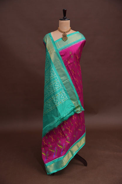 Pure Ikkat Soft Silk Saree - Magenta & Sea Green