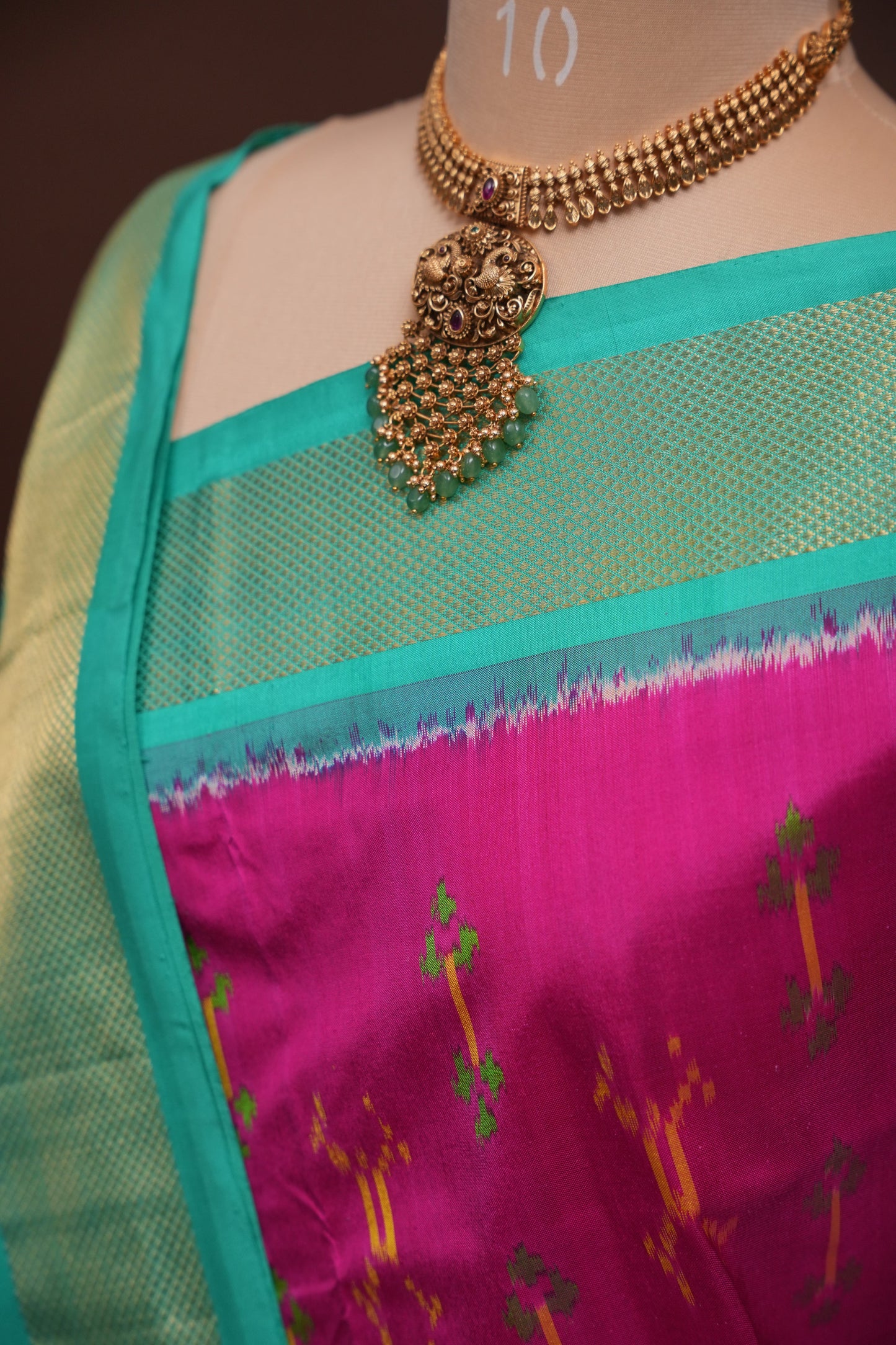 Pure Ikkat Soft Silk Saree - Magenta & Sea Green