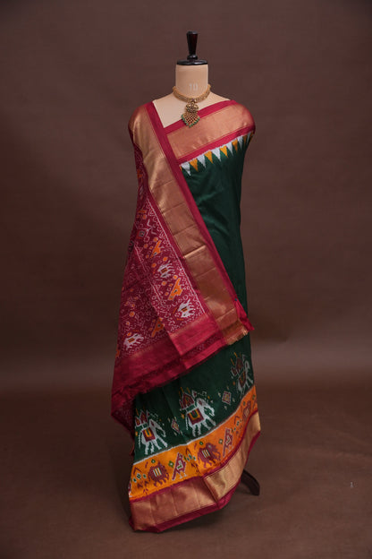 Pure Ikkat Soft Silk Saree - Green & Red