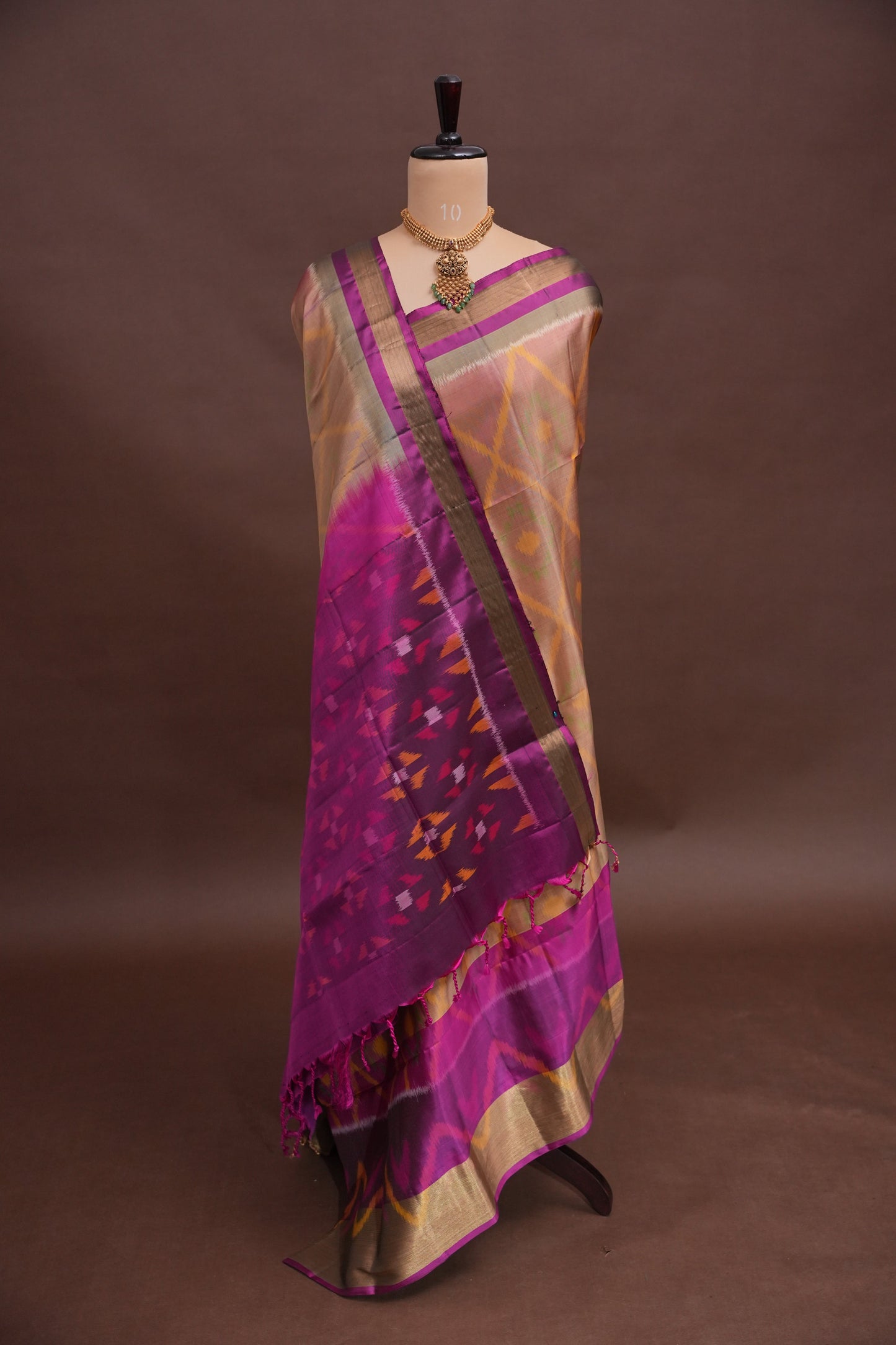 Pure Ikkat Soft Silk Saree - Gold & Pink