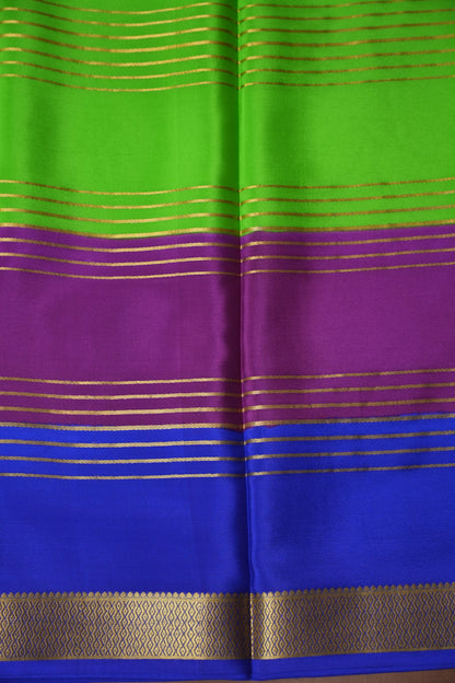 Pure Crepe Mysore Silk Saree - Parrot Green With Blue & Purple TriColor Combination