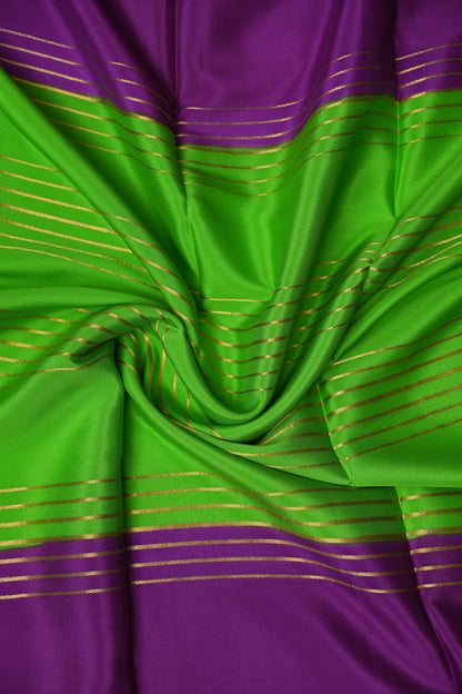 Pure Crepe Mysore Silk Saree - Parrot Green With Blue & Purple TriColor Combination