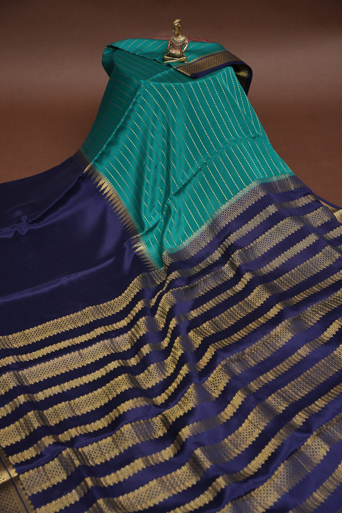 Half and Half Pure Crepe Mysore Silk Saree - Navy Blue & Teal Green