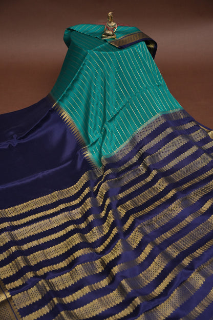 Half and Half Pure Crepe Mysore Silk Saree - Navy Blue & Teal Green
