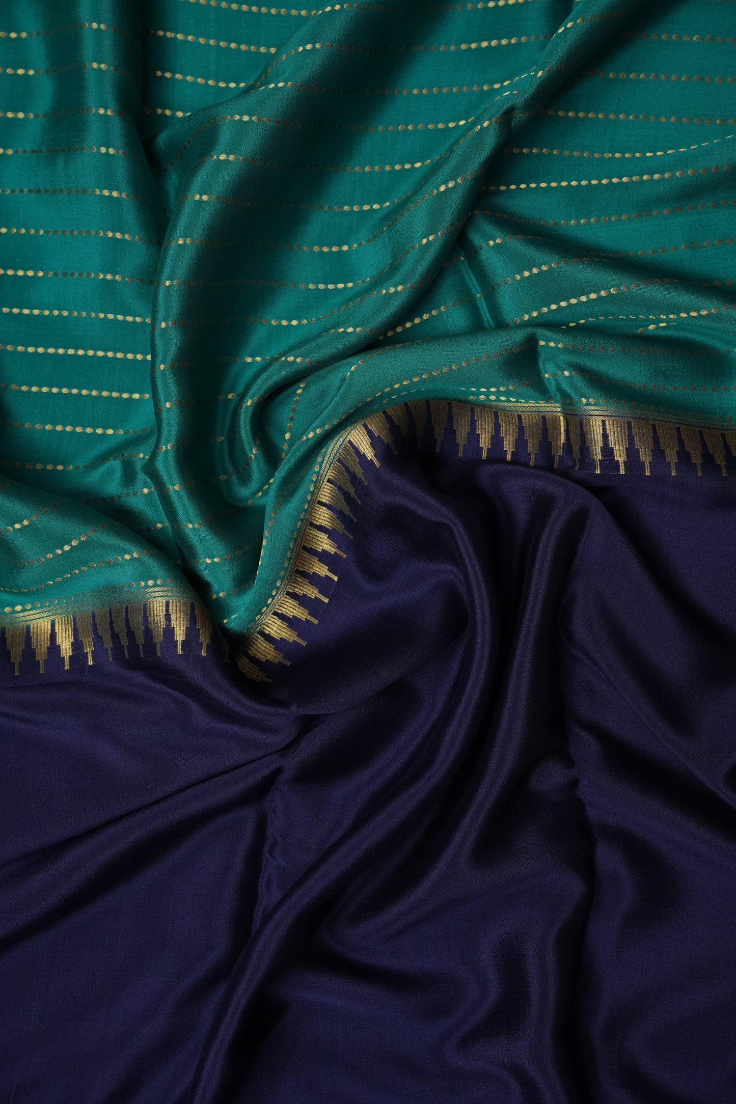 Half and Half Pure Crepe Mysore Silk Saree - Navy Blue & Teal Green