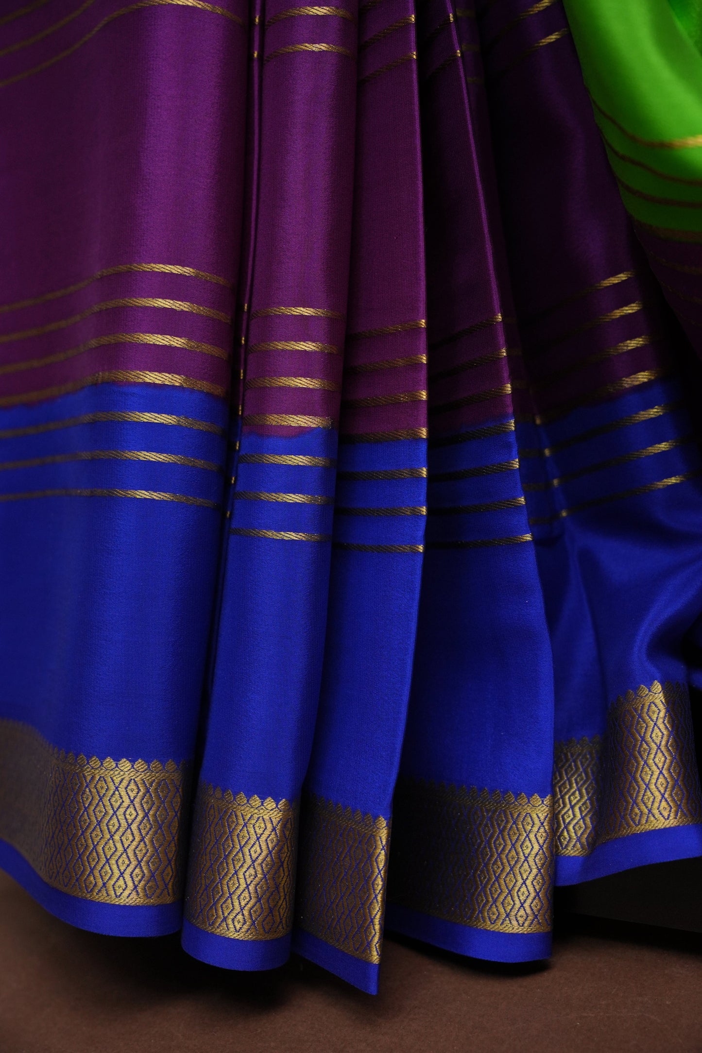 Pure Crepe Mysore Silk Saree - Parrot Green With Blue & Purple TriColor Combination