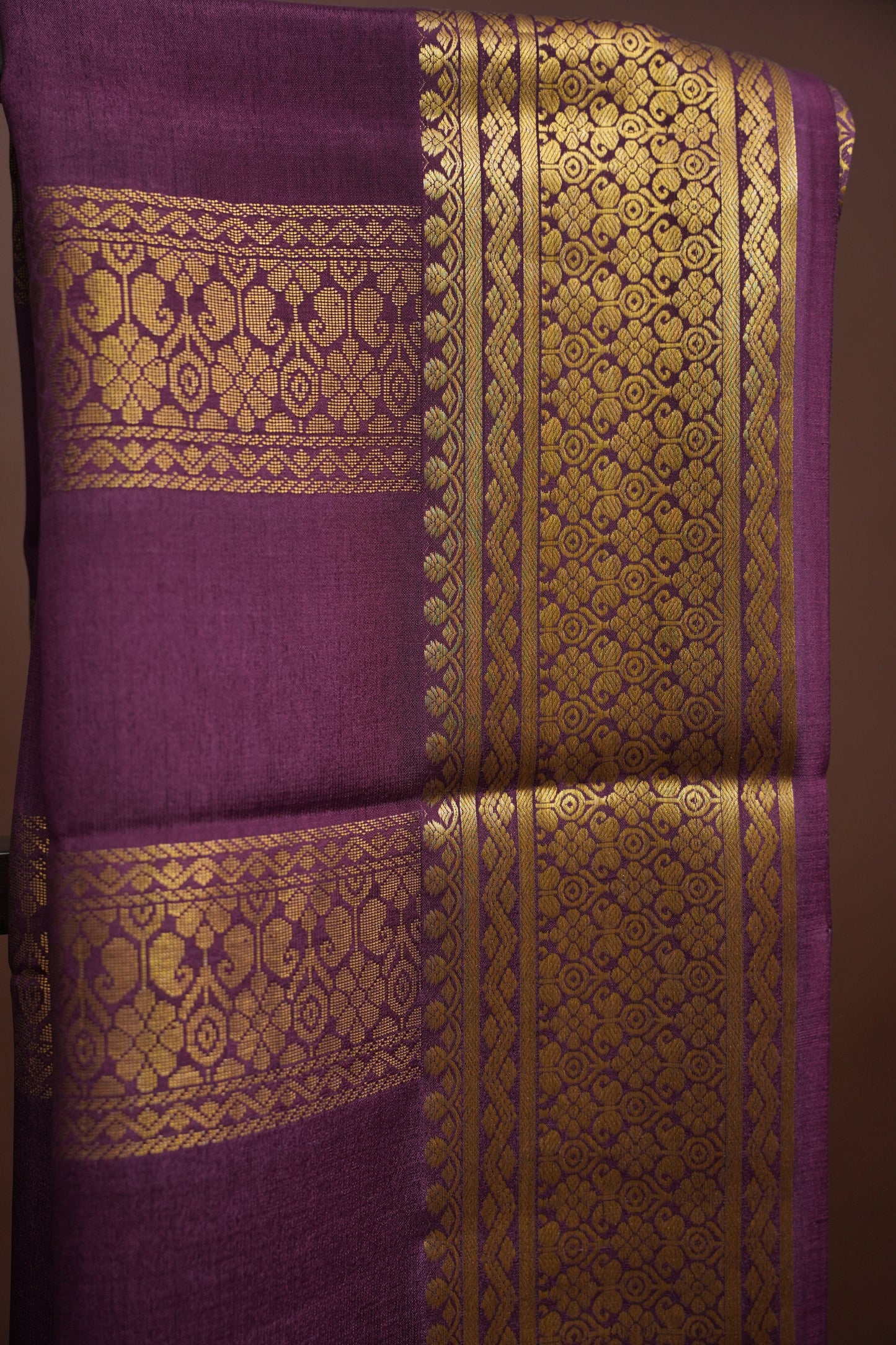 Pure Crepe Mysore Silk Saree - Ivory and Deep Purple