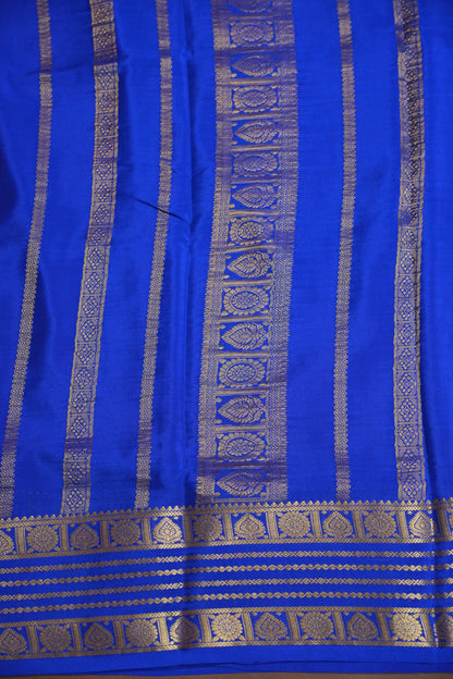 Pure Crepe Mysore Silk Saree in Orange With Contrast Ink Blue Border