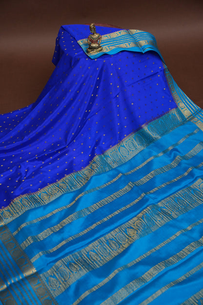 Pure Crepe Mysore Silk Saree in Ink Blue With Contrast Sky Blue Border