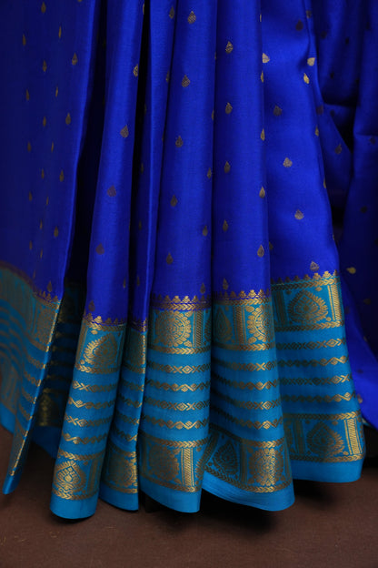 Pure Crepe Mysore Silk Saree in Ink Blue With Contrast Sky Blue Border