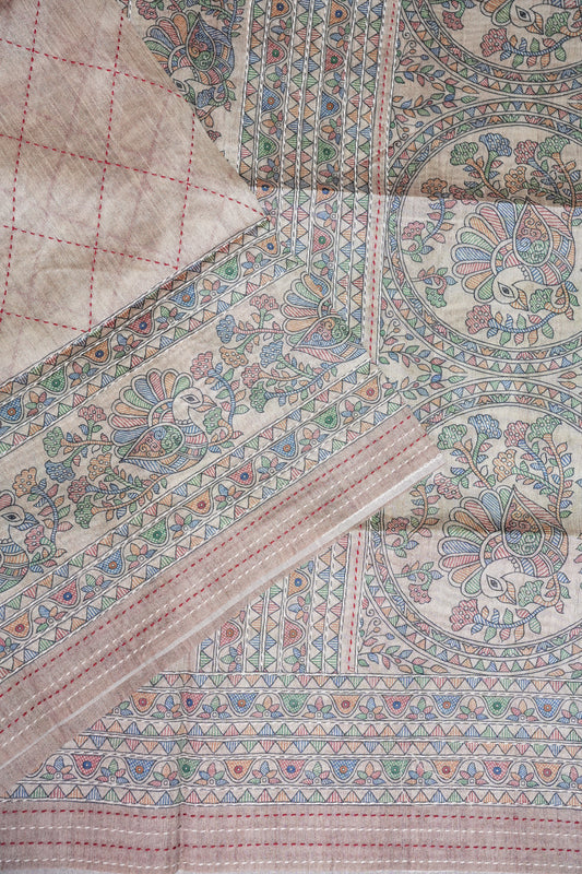 Semi Tussar Raw Silk Saree with Madhubani Print & Kantha Stitch – Antique Beige