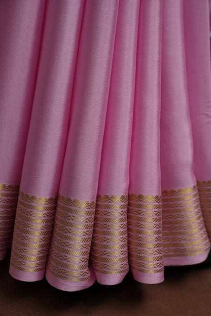 Plain Pure Crepe Mysore Silk Saree in Baby Pink With Contrast Onion Pink Blouse