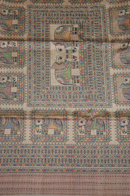 Semi Tussar Raw Silk Saree with Madhubani Print & Kantha Stitch – Beige