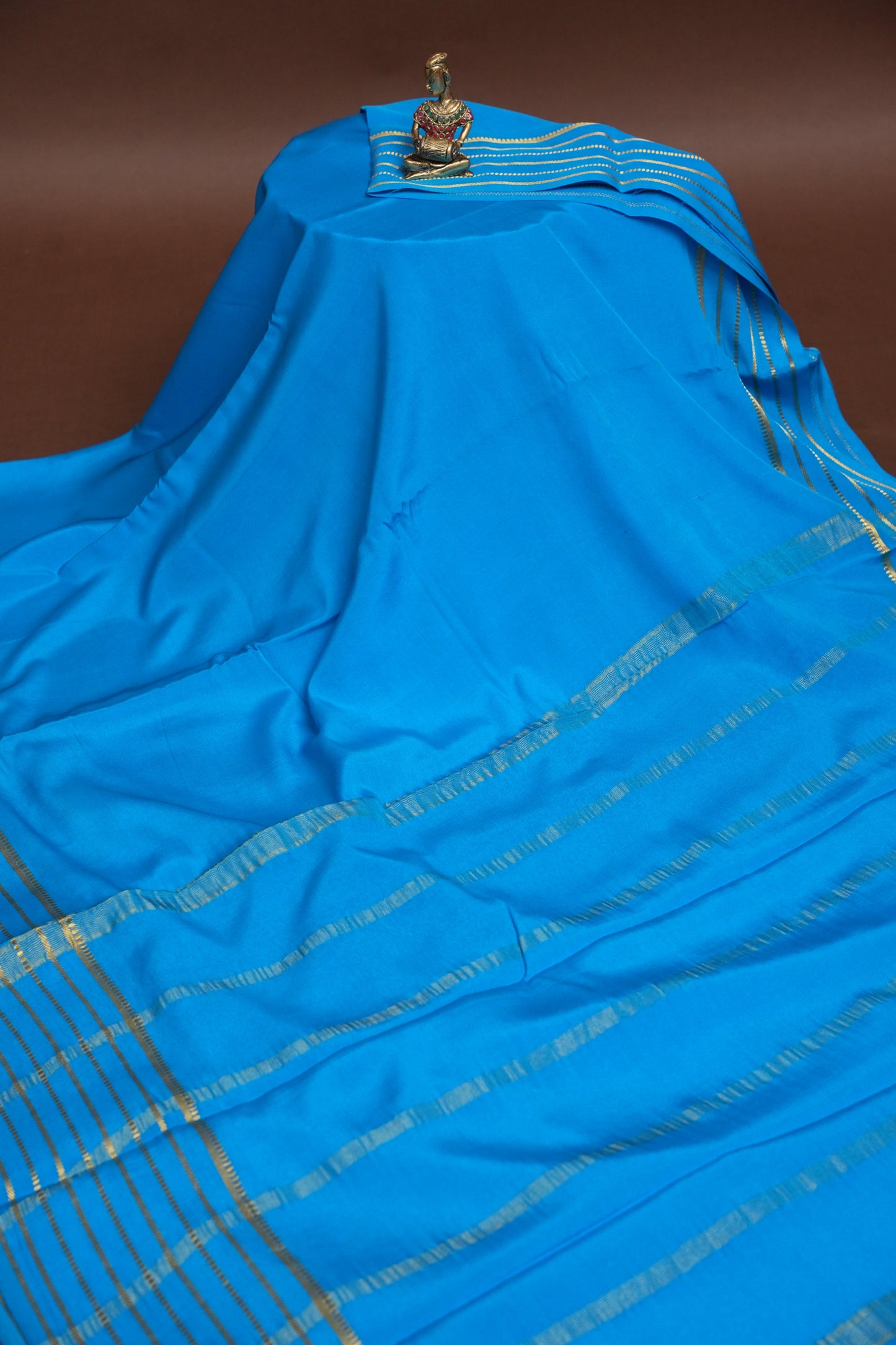 Plain Pure Crepe Mysore Silk Saree in Blue With Self Blouse & Pallu