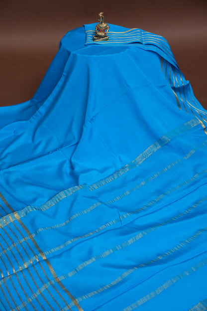 Plain Pure Crepe Mysore Silk Saree in Blue With Self Blouse & Pallu