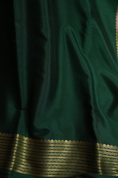 Plain Pure Crepe Mysore Silk Saree in Bottle Green With Contrast Baby Pink Border