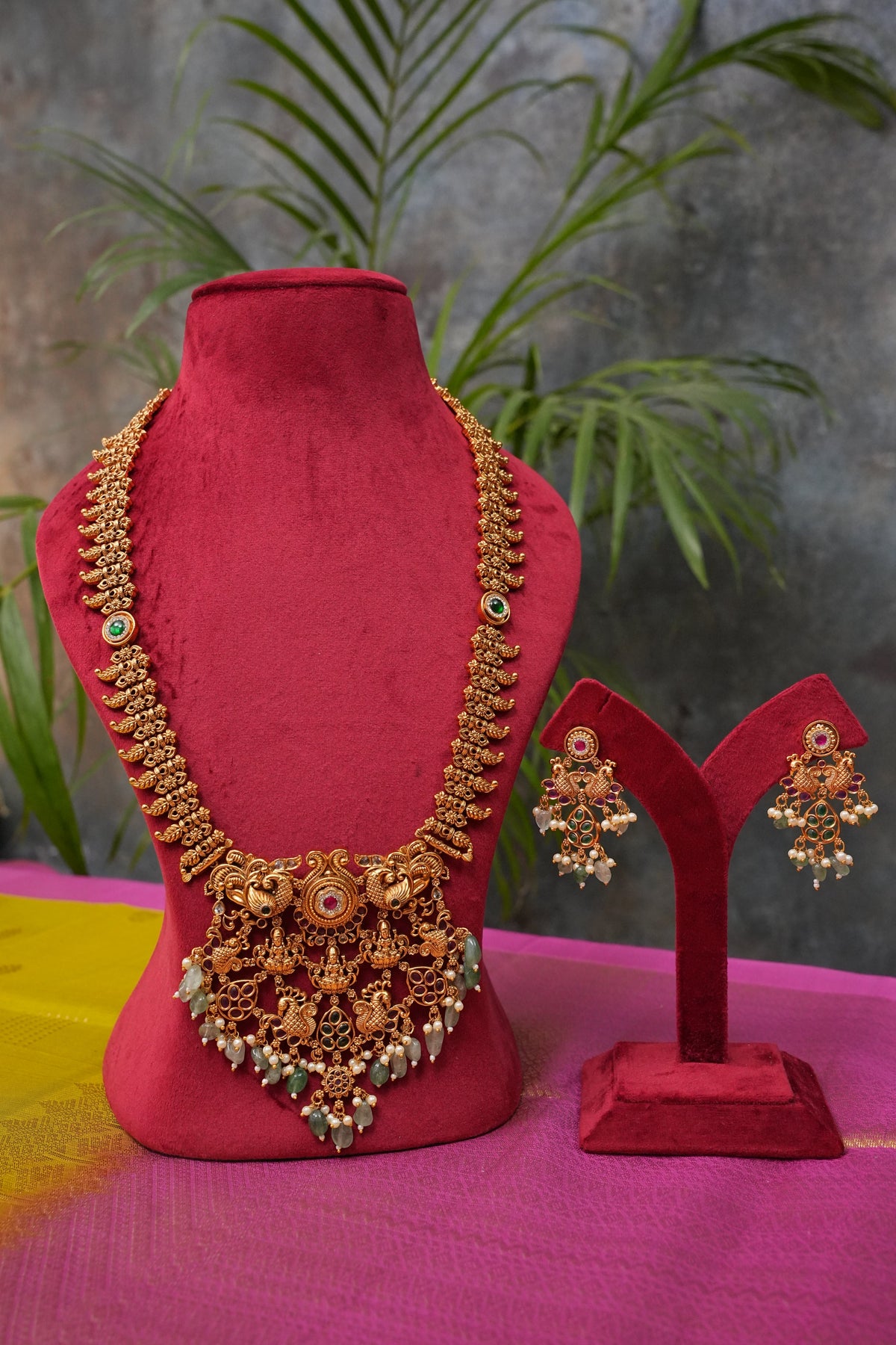 Antique Gold-Plated Temple Long Necklace Set with Mint Green Stones