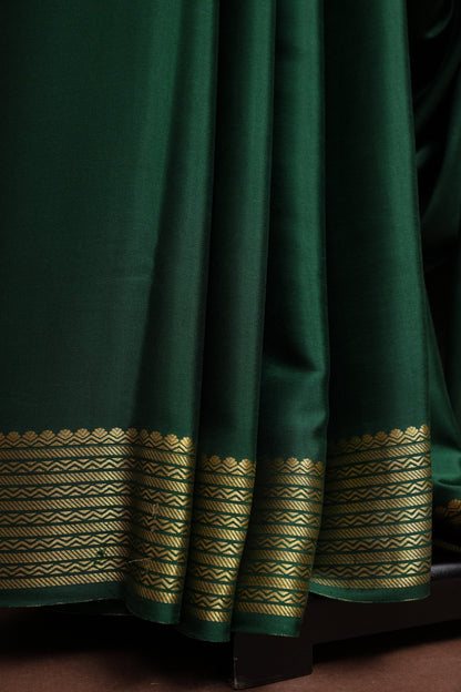 Plain Pure Crepe Mysore Silk Saree in Bottle Green With Contrast Baby Pink Border