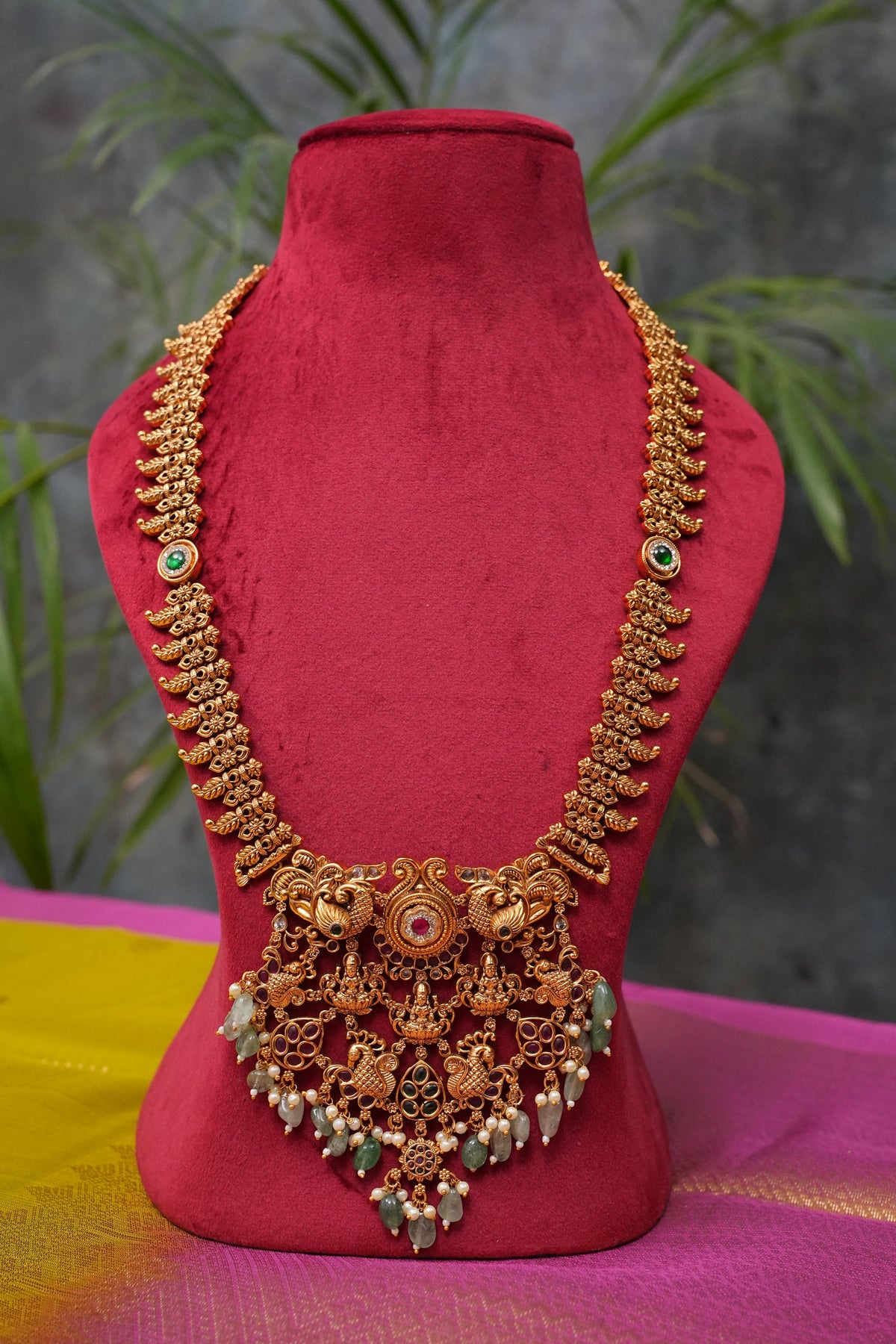 Antique Gold-Plated Temple Long Necklace Set with Mint Green Stones