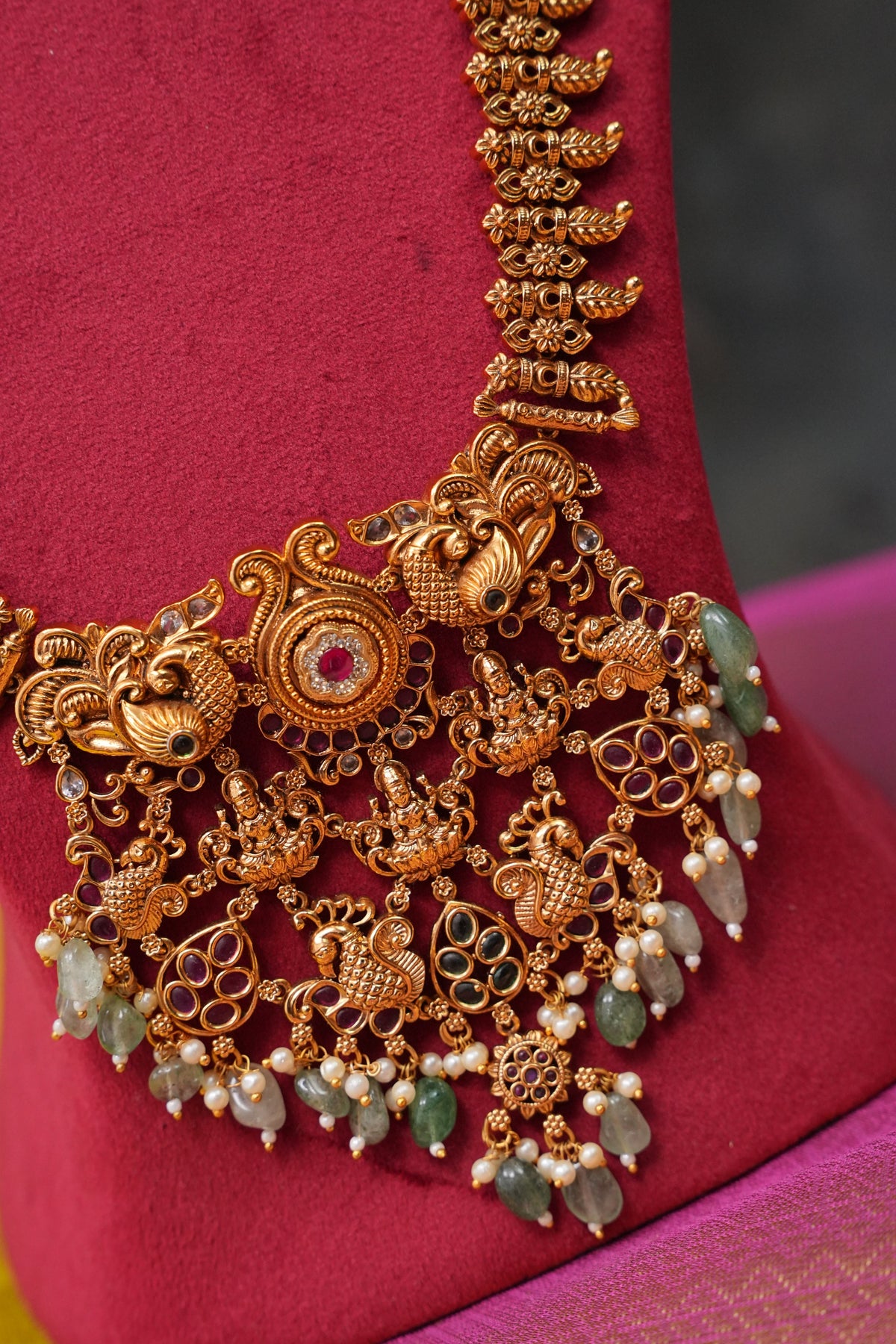 Antique Gold-Plated Temple Long Necklace Set with Mint Green Stones