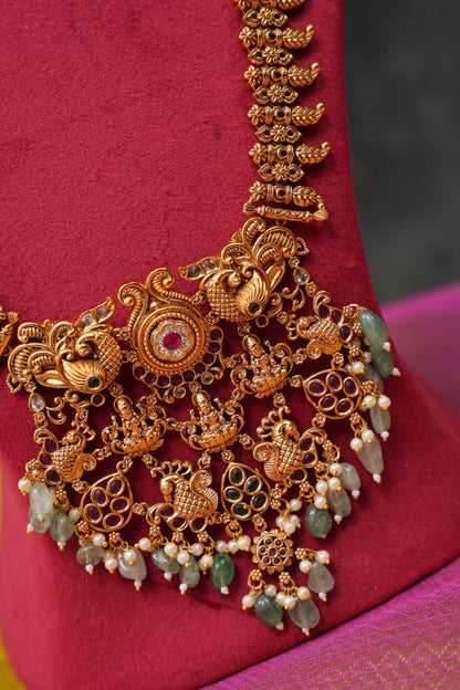 Antique Gold-Plated Temple Long Necklace Set with Mint Green Stones
