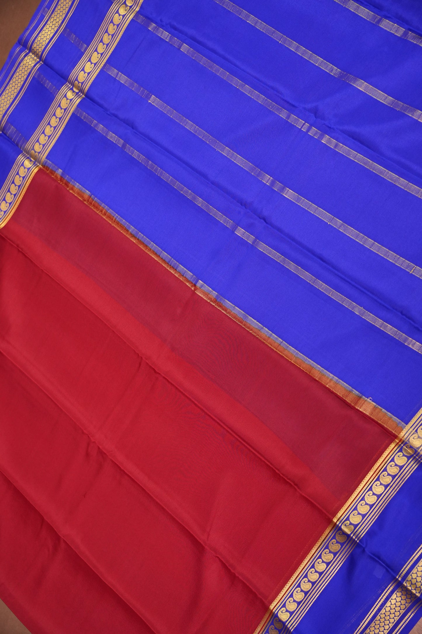 Pure Crepe Mysore Silk Saree - Deep Red & Blue