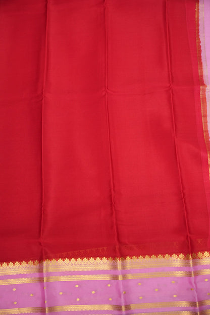 Plain Pure Crepe Mysore Silk Saree in Scarlet Red With Contrast Baby Pink Pallu & Blouse